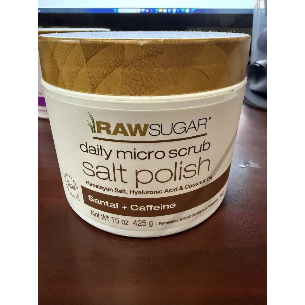 Raw Sugar Daily Micro Body Scrub Salt Polish Santal + Caffeine 15 oz Coconut